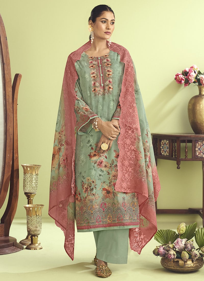Green Muslin Thread Embroidered Sequins And Digital Print Pakistani Suit