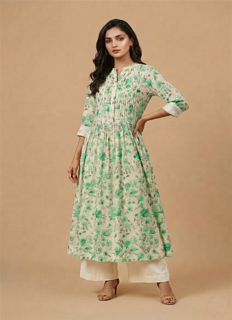 Green Musline Cotton Printed Kurta Set After Six Wear