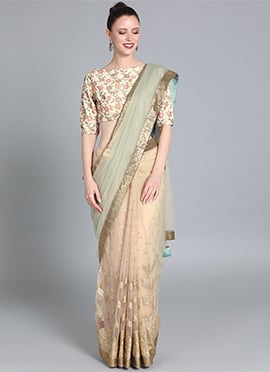 Green N Cream Embroiderd Half N Half Saree