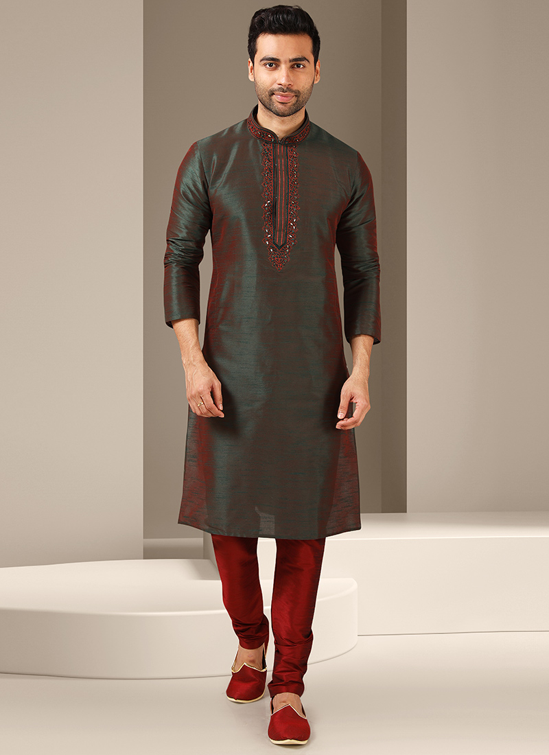 Green N Maroon Shaded Embroidered Banarasi Art Silk Kurta Pyjama Party Wear