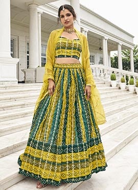 Green N Mustard Georgette Printed Umbrella Lehenga