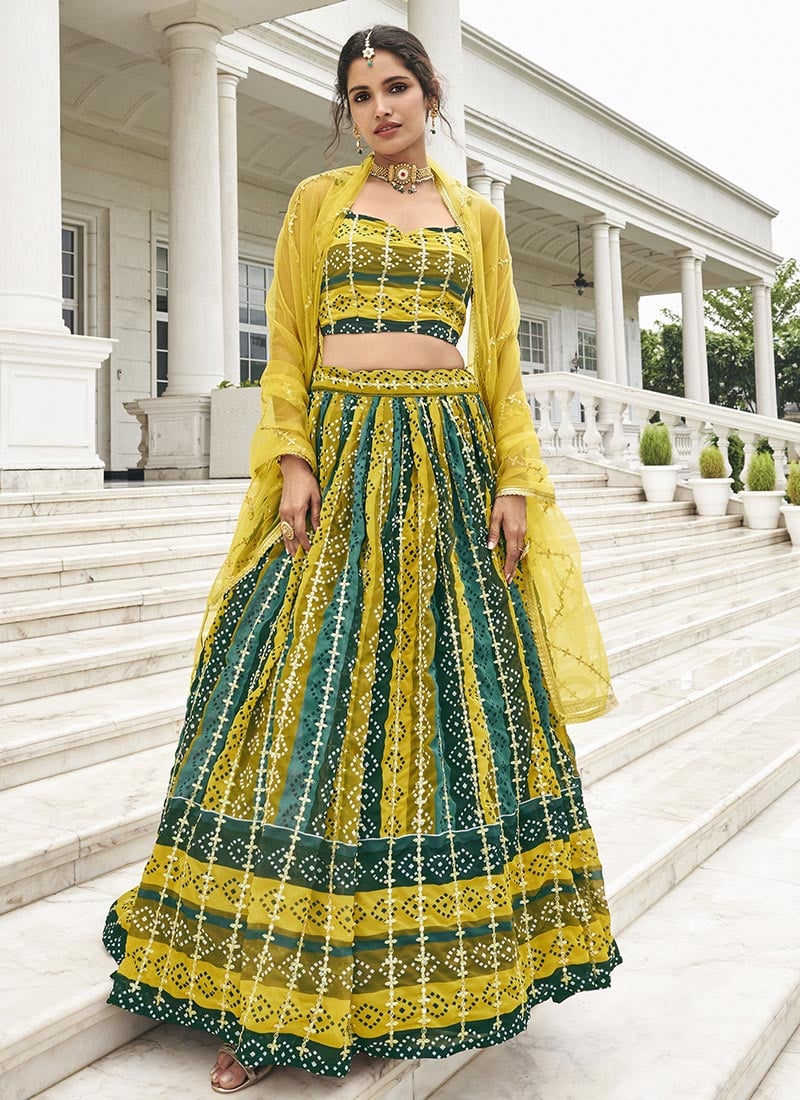 Green N Mustard Georgette Printed Umbrella Lehenga Party Wear
