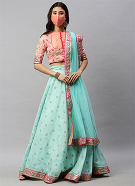 Green N Peach Embroidered Lehenga Set