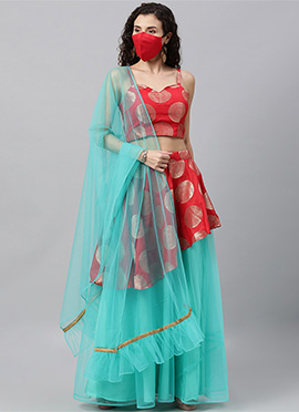 Green N Red Brocade Strap Neck Lehenga Set