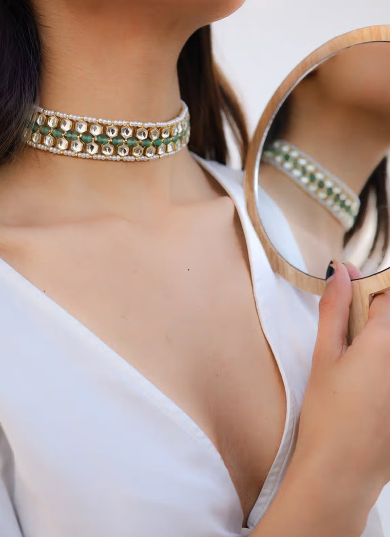 Green N White Designer Choker Set Party Wear