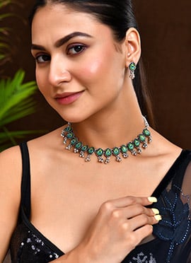 Green Necklace With Oxidised Peacock Design