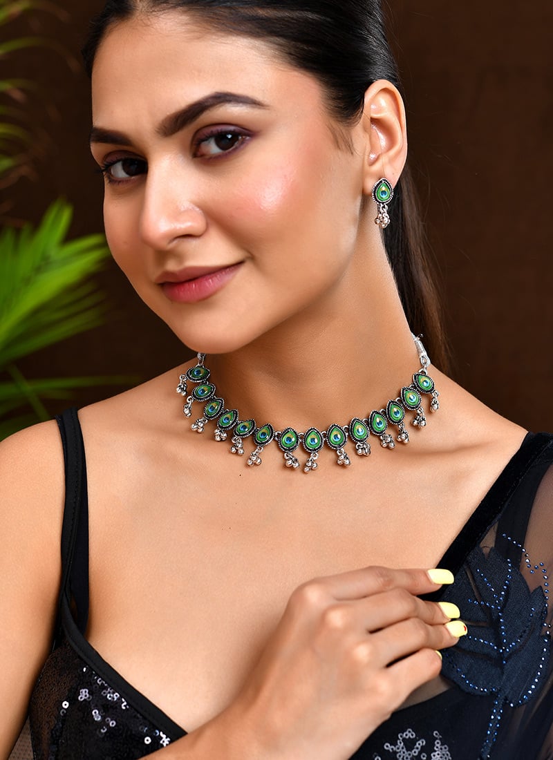 Green Necklace With Oxidised Peacock Design