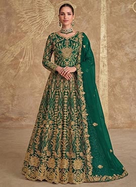 Green Net Anarkali Suit Crafted With Zari Embroidery
