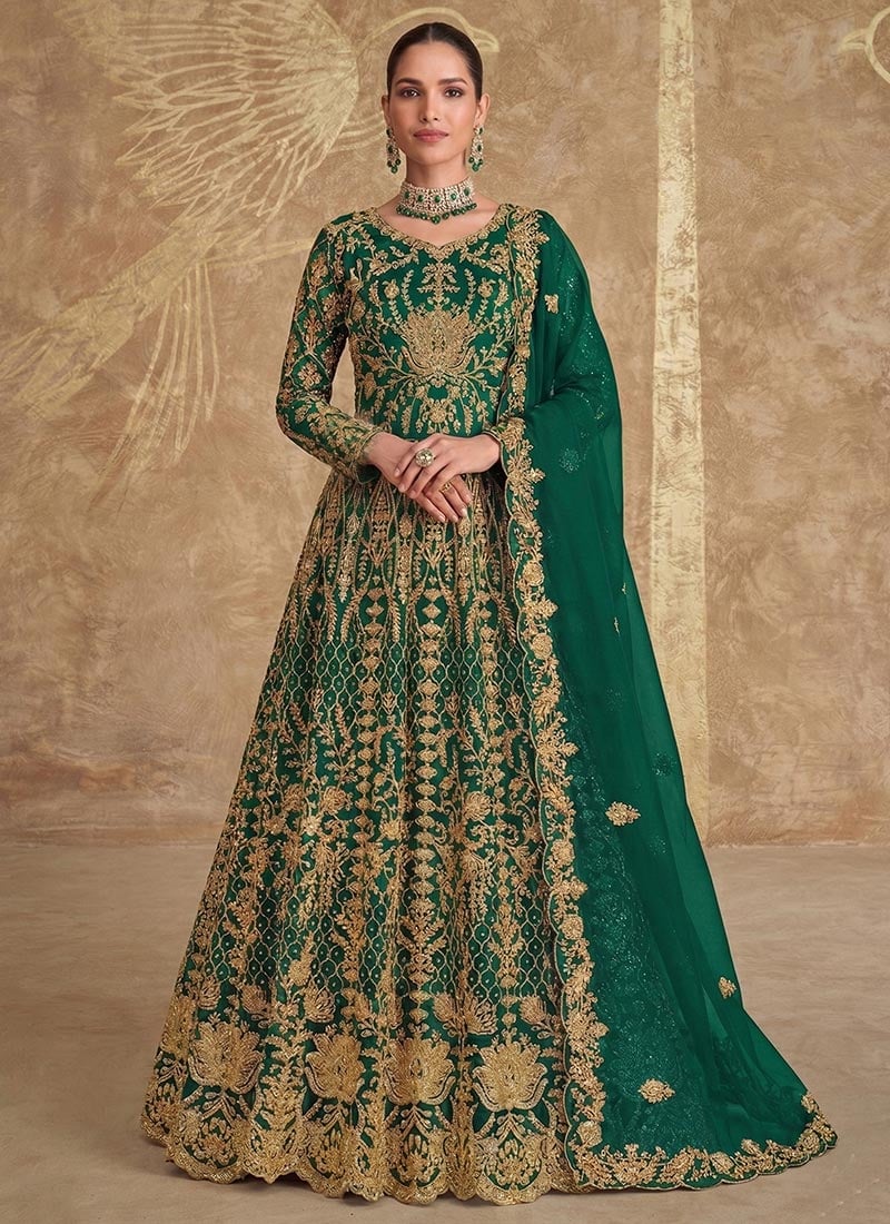 Green Net Anarkali Suit Crafted With Zari Embroidery  Wedding Wear
