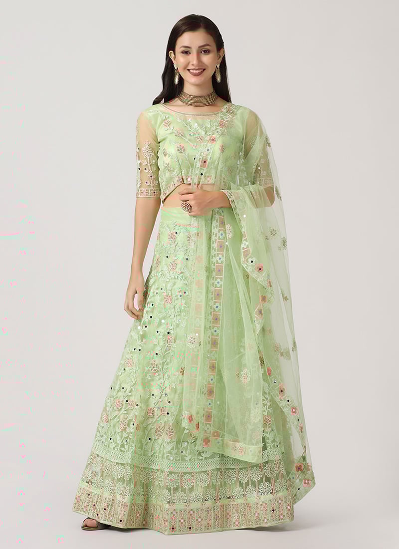 Green Net Embroidered A Line Lehenga Party Wear