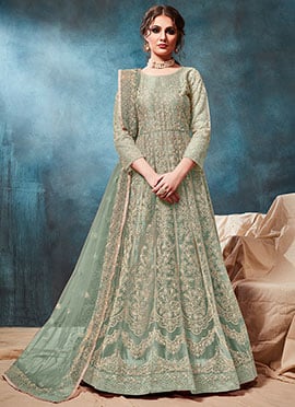 Green Net Embroidered Anarkali Suit