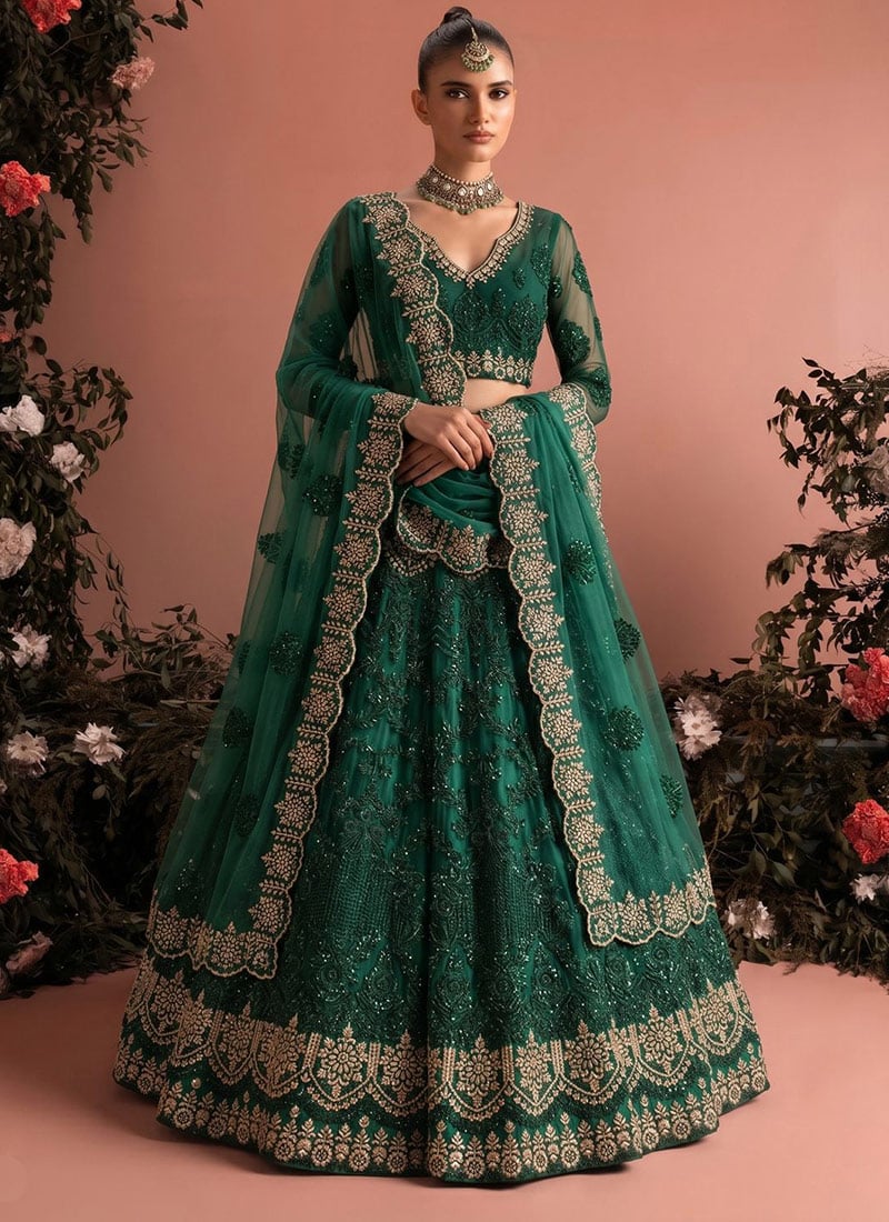 Green Net Embroidered Lehenga Wedding Wear