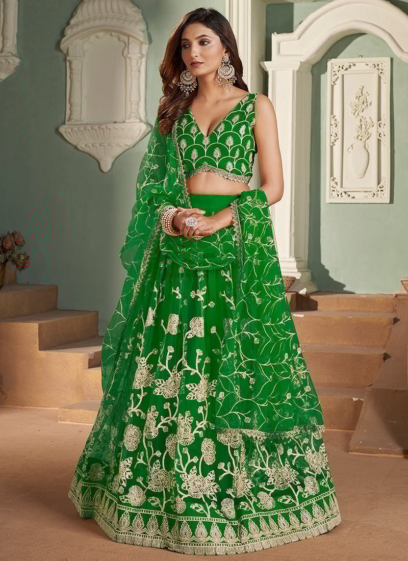 Green Net Embroidered Sequins Umbrella Lehenga Party Wear