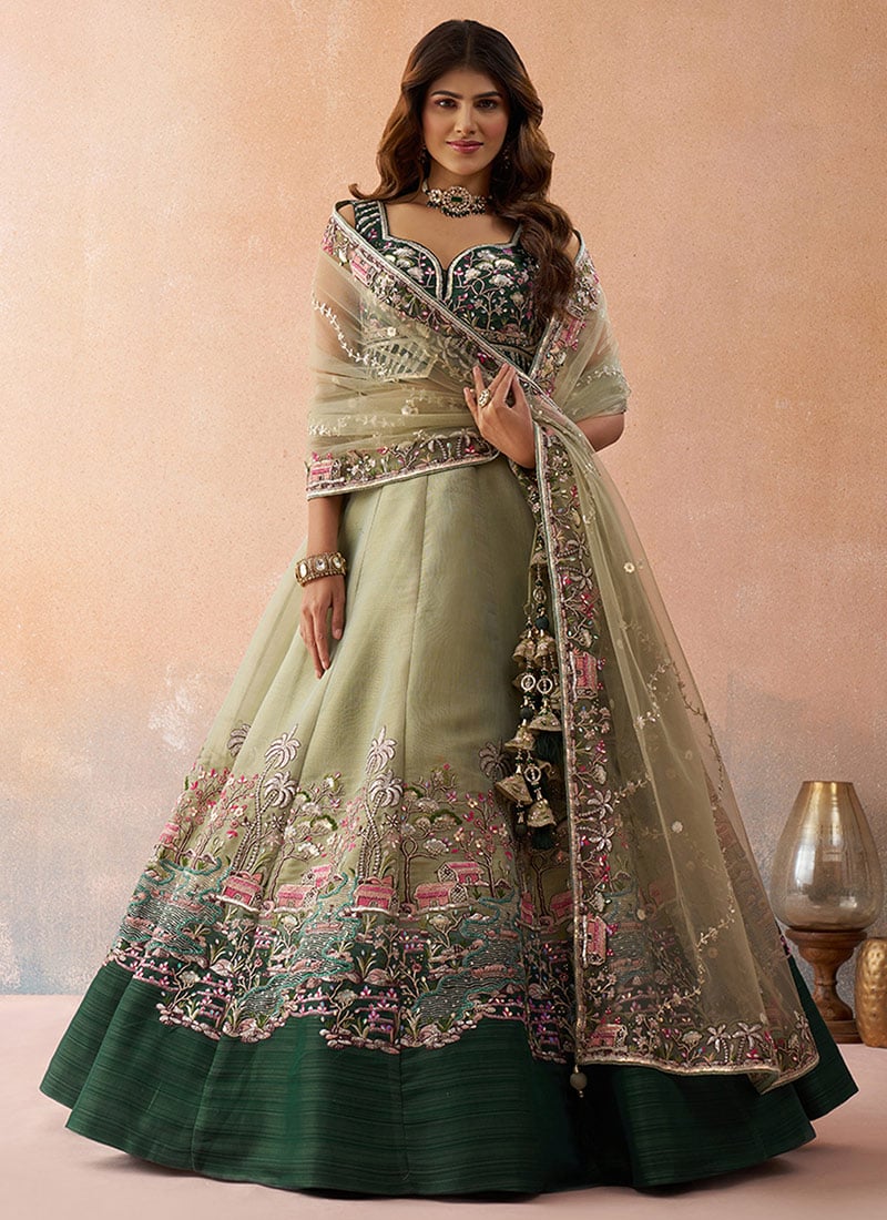 Green Net Embroidered Sequins Zari Stones Work Lehenga Wedding Wear