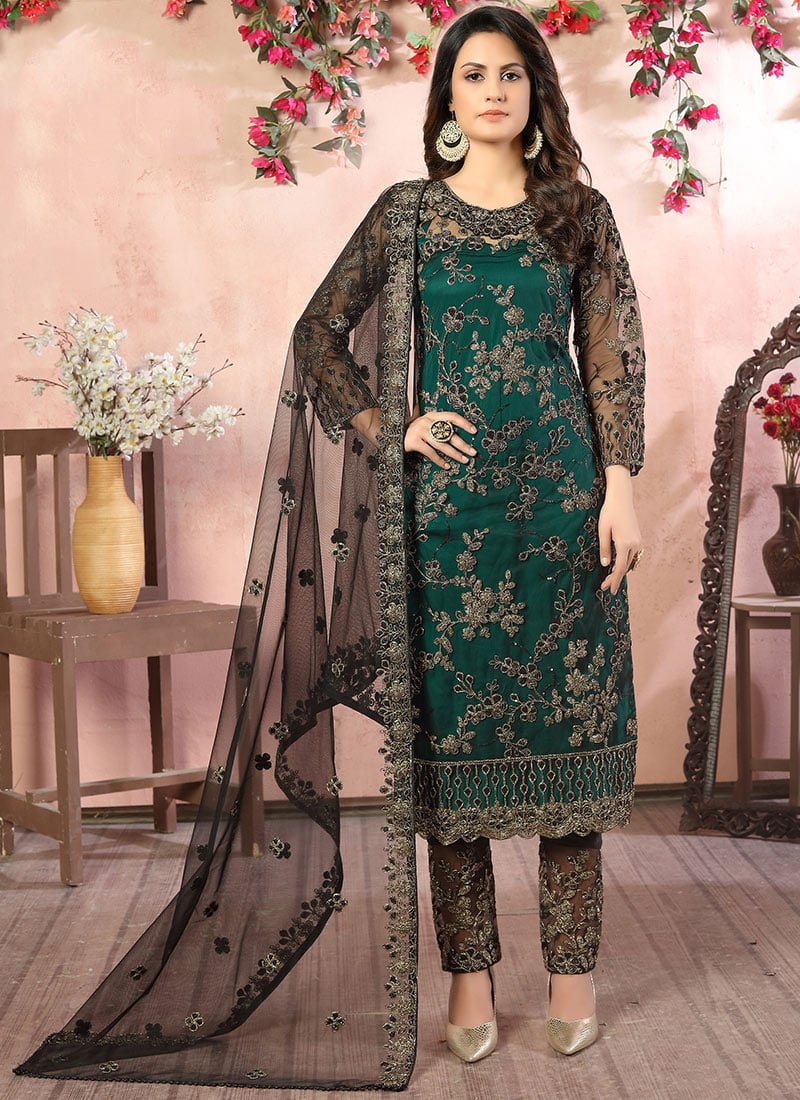 Green Net Embroidered Straight Pant Suit Party Wear