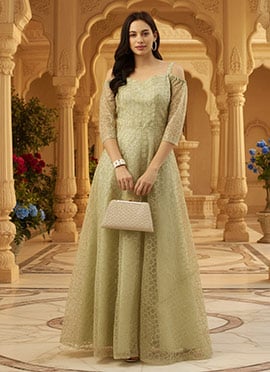 Green Net Embroidered Strap Neck Gown