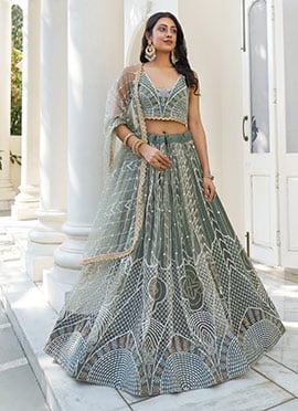 Green Net Embroidered Umbrella Lehenga