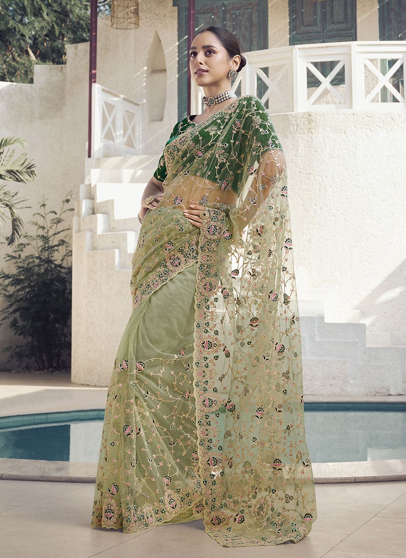 Green Net Embroidered Zari Saree Wedding Wear