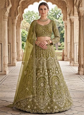Green Net Embroidery Sequins Lehenga