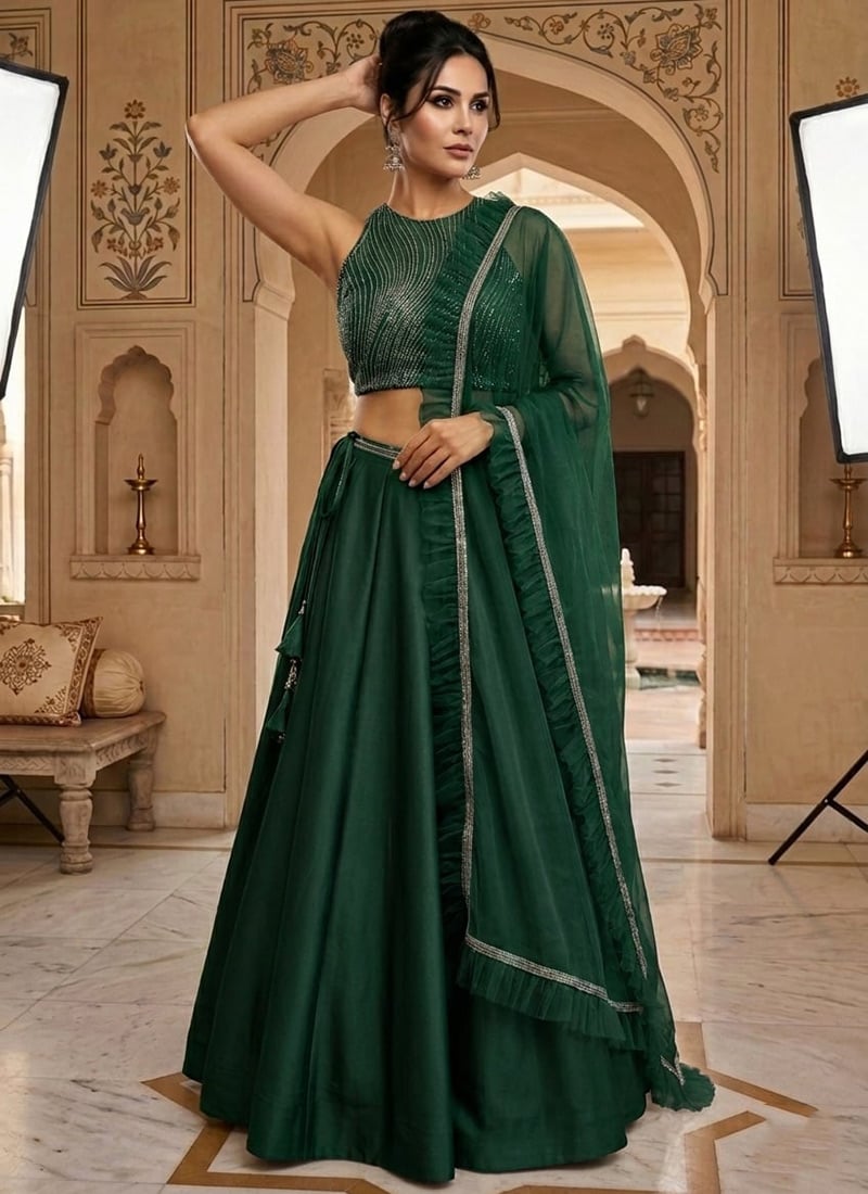 Green Net Hand Embroidered Sequins Lehenga Wedding Wear