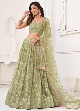 Green Net Hand Work Chic Umbrella Lehenga With Embroidery And Sequins