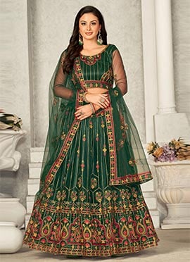 Green Net Indian Wedding Umbrella Lehenga Embossed With Embroidery