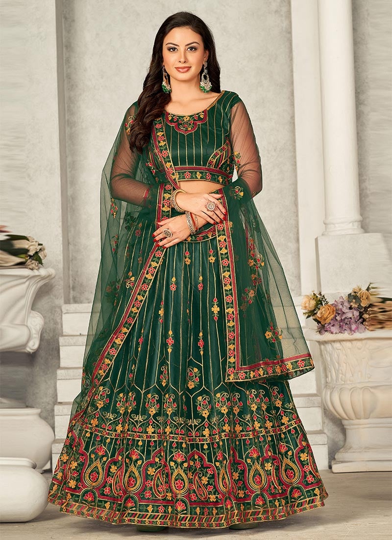 Green Net Indian Wedding Umbrella Lehenga Embossed With Embroidery Party Wear