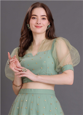 Green Net Sequins Embroidered Blouse