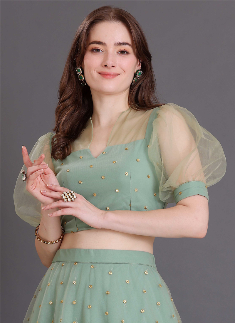 Green Net Sequins Embroidered Blouse Festive Wear