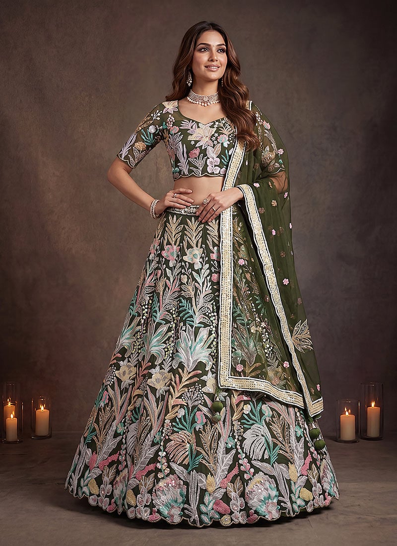 Green Net Sequins Embroidered Lehenga Wedding Wear