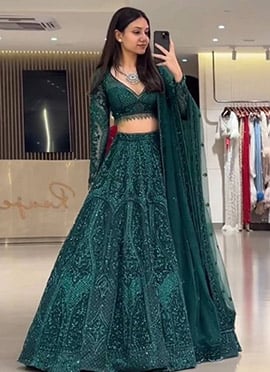 Green Net Sequins Embroidered Lehenga