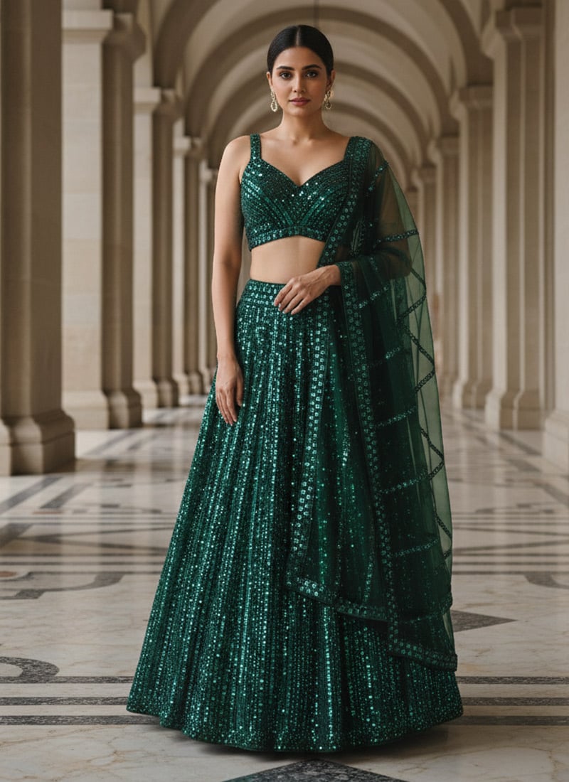 Green Net Sequins Embroidered Party Wear Lehenga  Wedding Wear