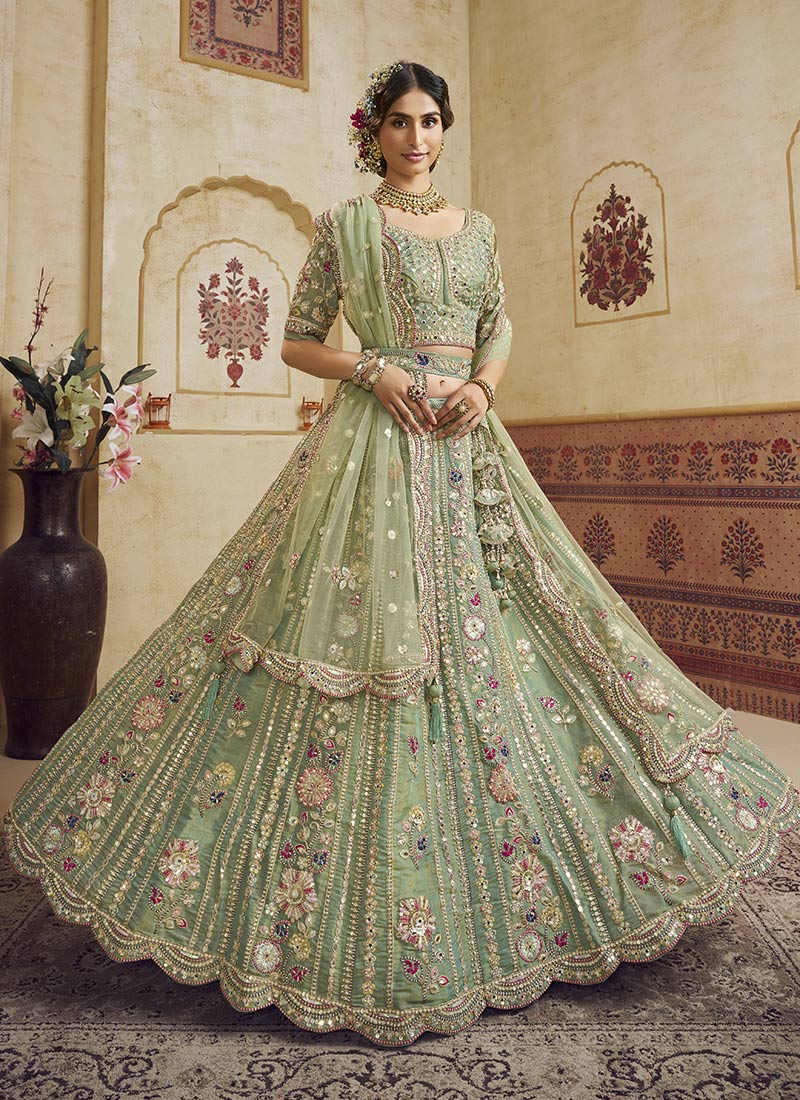 Green Net Sequins Embroidered Umbrella Lehenga Wedding Wear