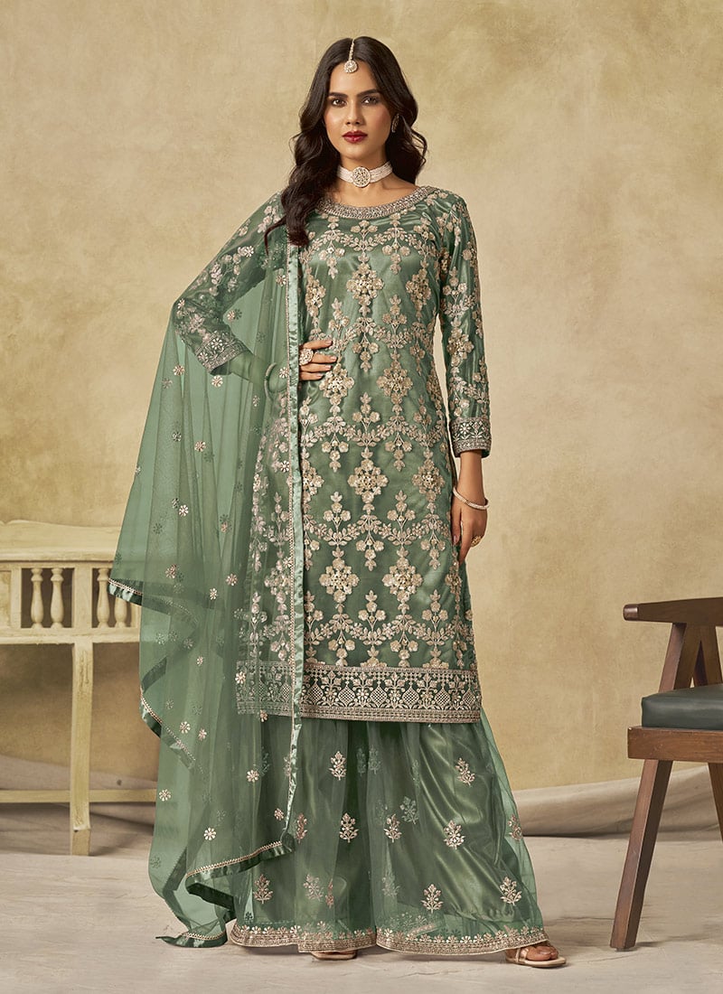Green Net Sequins Palazzo Suit Festive Wear