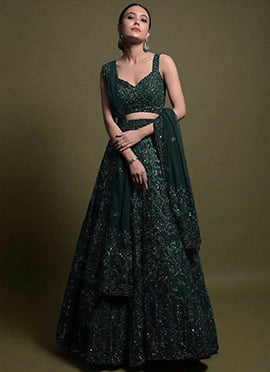 Green Net Sequins Umbrella Lehenga