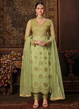 Green Net Straight Pant Suit