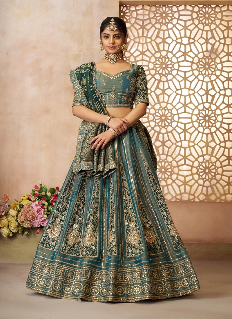 Green Net Tissue Zari Embroidered Sequins Stone And Gota Work Lehenga