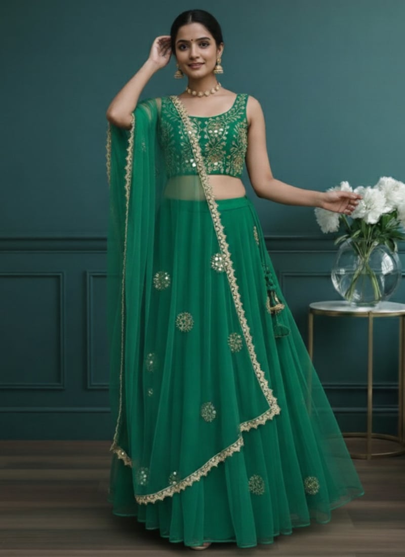 Green Net Zari A Line Lehenga Wedding Wear