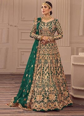 Green Net Zari Embroidered Sequins With Stone Anarkali Suit