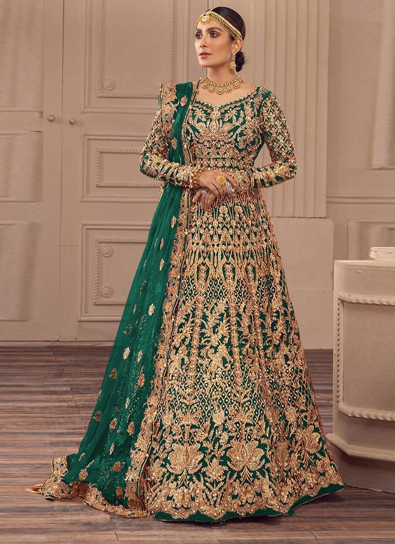 Green Net Zari Embroidered Sequins With Stone Anarkali Suit Wedding Wear