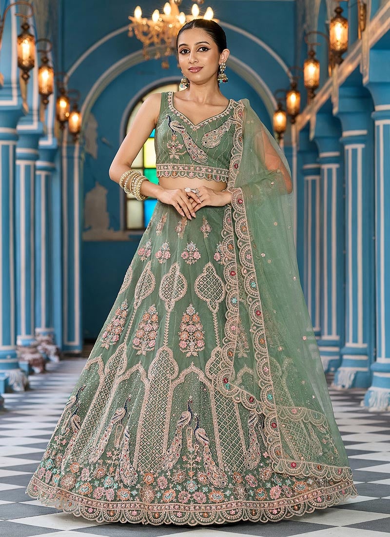 Green Net Zari Embroidered Sequins With Stone Work Lehenga Wedding Wear