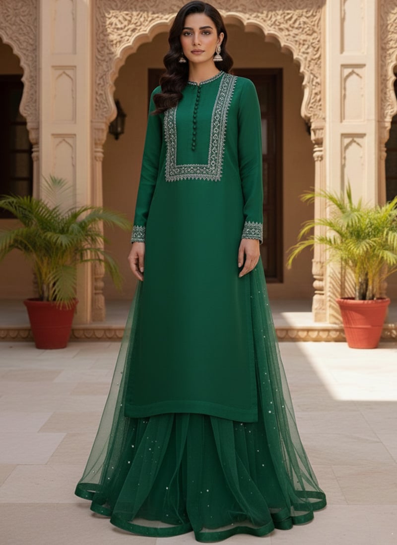 Green Net Zari Sequins A Line Lehenga Festive Wear