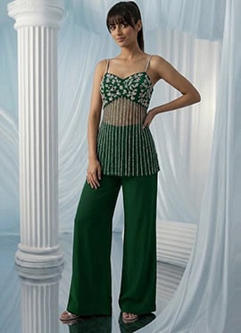 Green Net Zari Sequins Hand Embroidered Indowestern Palazzo Set