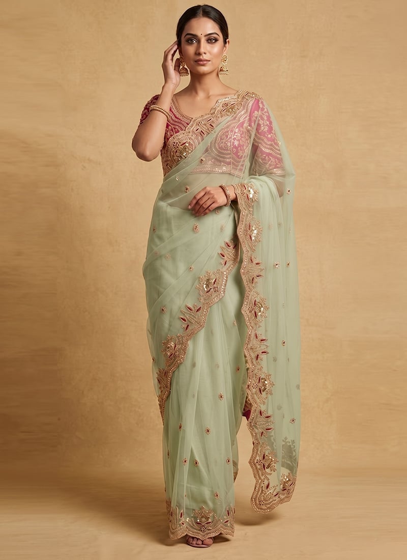 Green Net Zari Sequins Saree Festive Wear