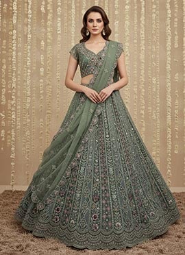 Green Net Zari Sequins Stones Embroidered Umbrella Lehenga