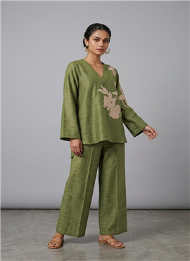 Green Olive Bloom Linen Cotton Co Ord Set