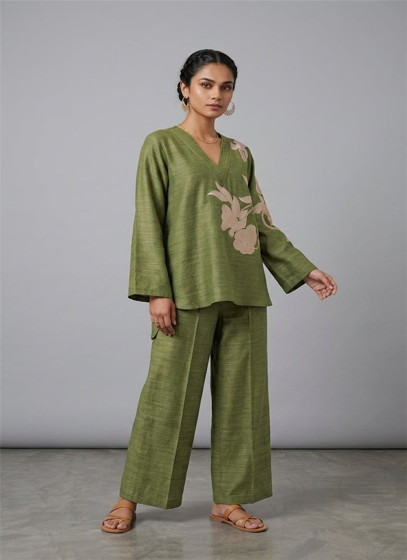 Green Olive Bloom Linen Cotton Co Ord Set After Six Wear