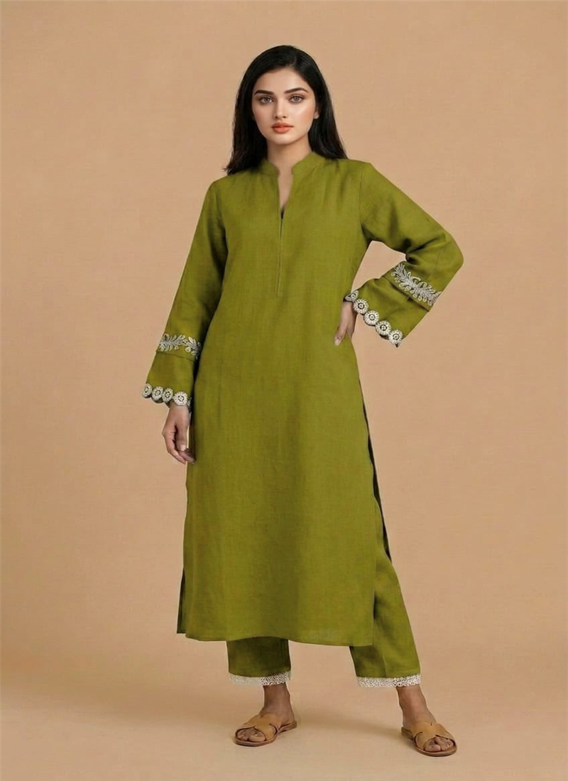 Green Olive Radiance Muslin Cotton Kurta Set After Six Wear