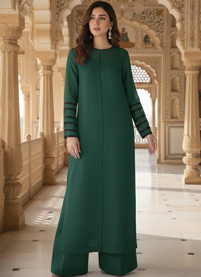Green Organza Beads Palazzo Suit After Six Wear