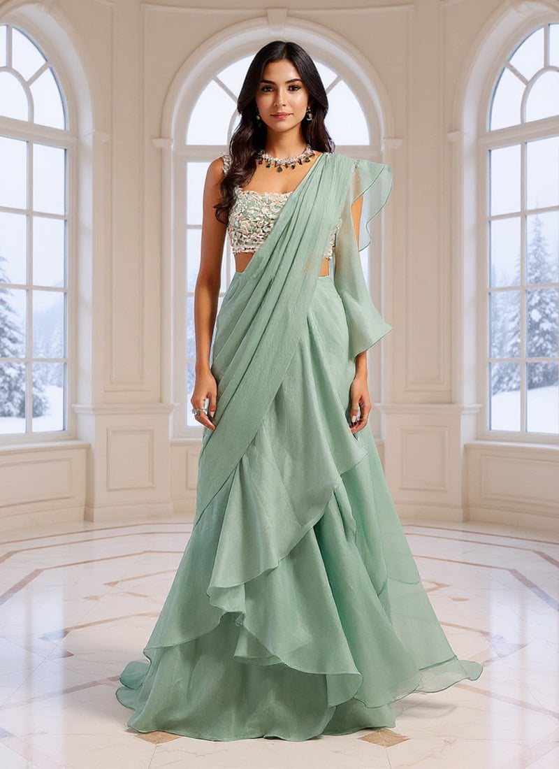 Green Organza Beads Sequins Hand Embroidered Lehenga Saree Wedding Wear